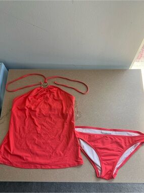 Michael Kors Red Halter Tankini Top with Matching Bikini Bottom